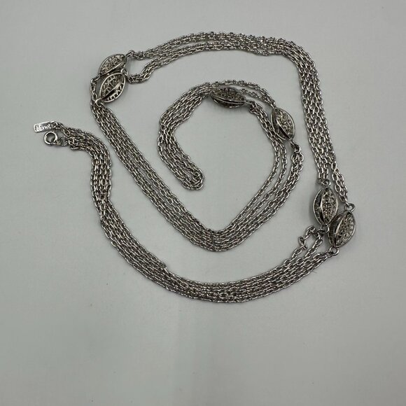Vintage Monet Necklace Silver Tone Long Double Chain Filigree Station Beads 54" - Picture 2 of 9